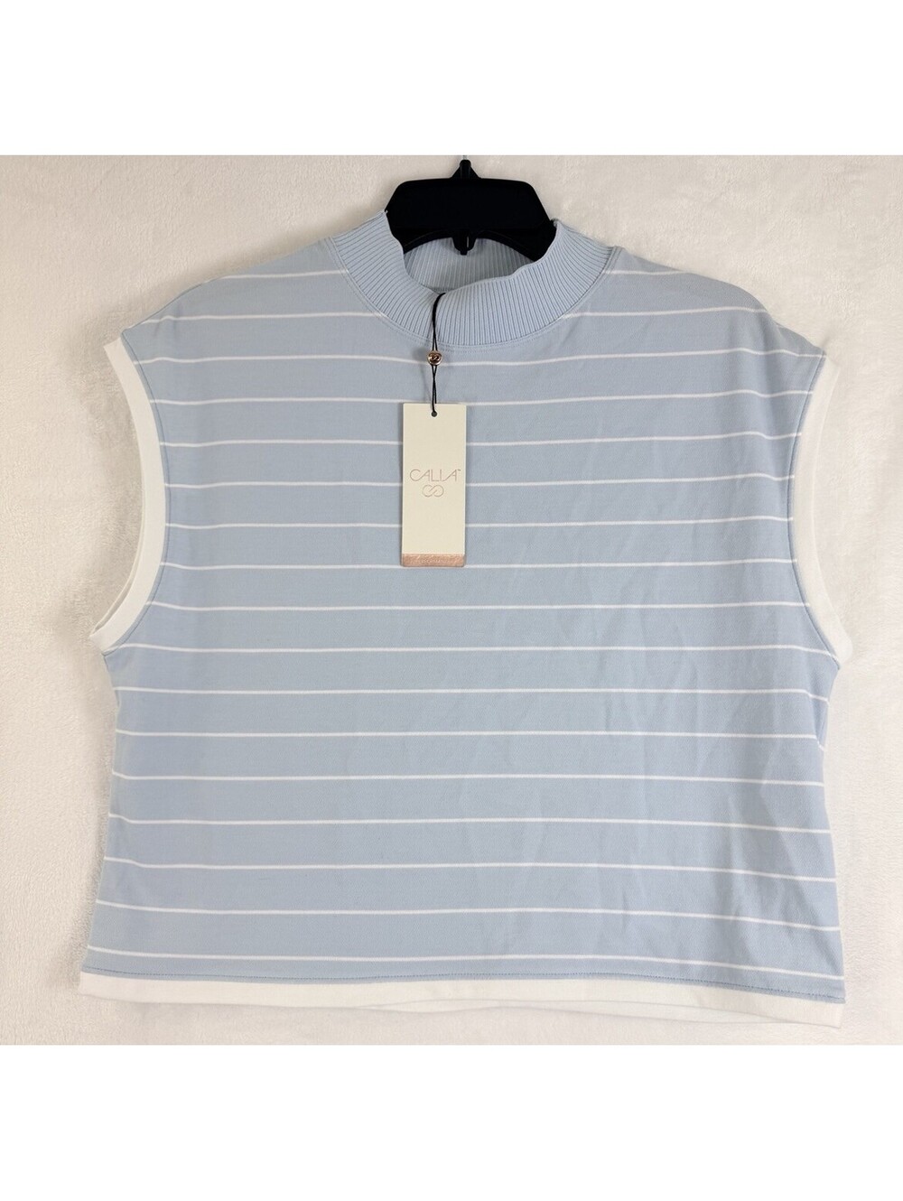 Calia Top Medium Crop Mock Neck Knit Blue White Striped New NWT